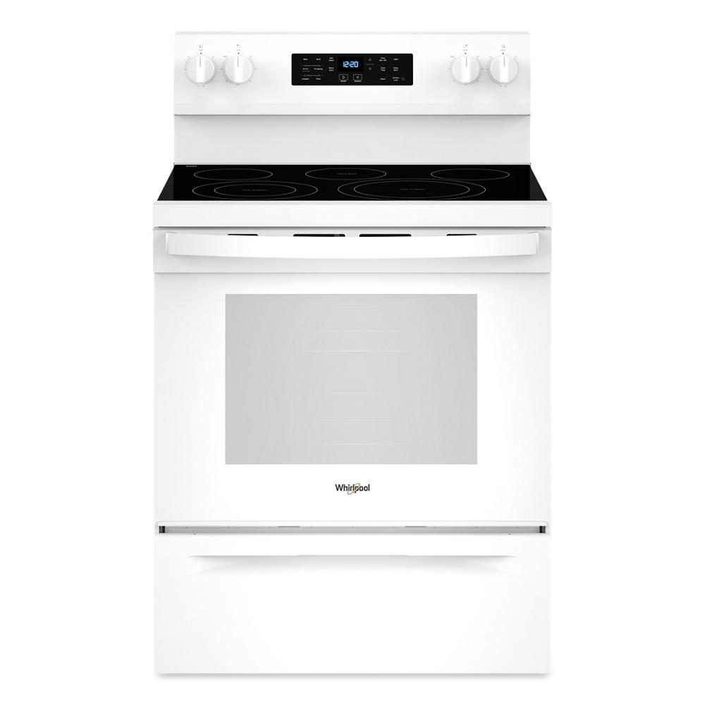 White 30-inch electric range with smooth cooktop, digital control panel, and oven door in kitchen appliances collection