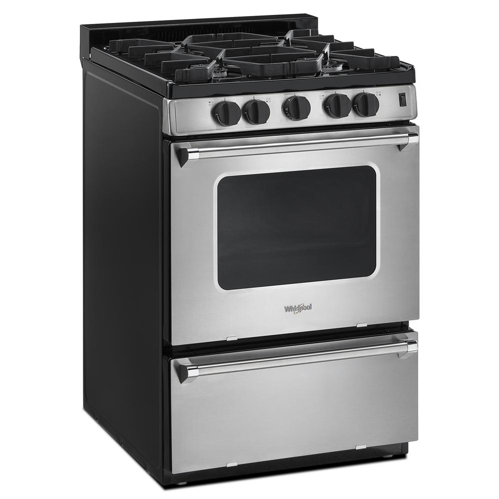 Stainless steel freestanding gas range with four sealed burners and front control knobs for home improvement kitchens
