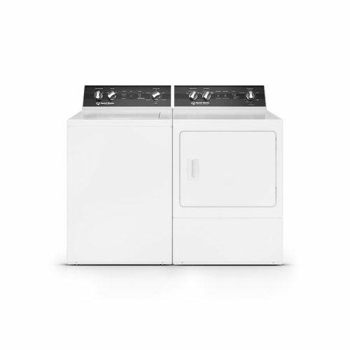 White top-load washing machine and front-load dryer set with black control panels in appliances collection