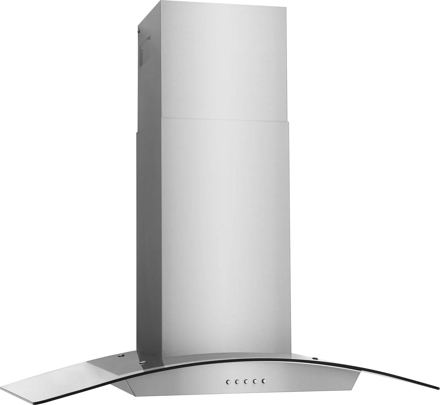 stainless steel range hood with curved glass canopy and button controls in kitchen appliances collection