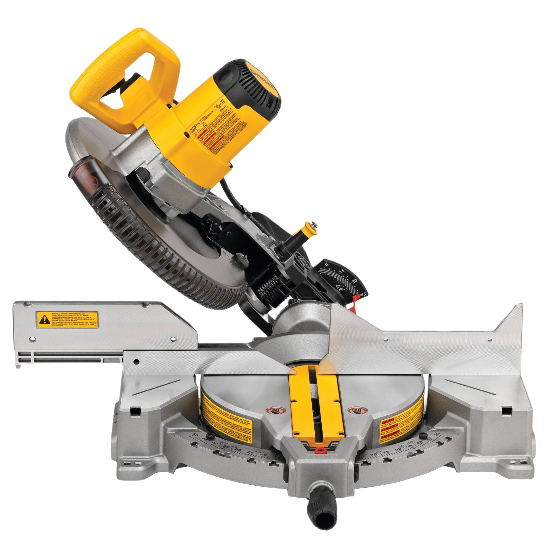 Yellow and silver single-bevel compound miter saw in power tools and electric saws for home improvement and woodworking projects