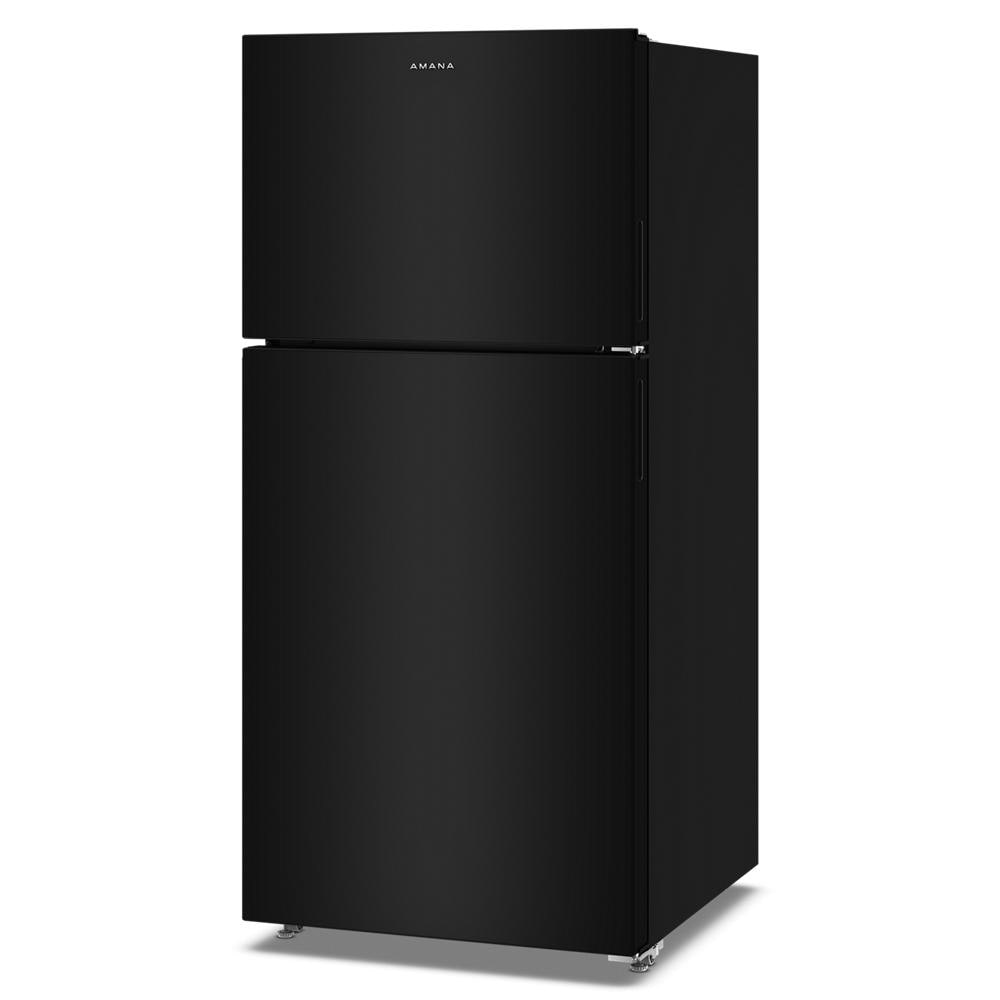 Black top-freezer refrigerator featuring a simple design with dual crisper drawers and adjustable shelves, ideal for kitchen and appliance collections.