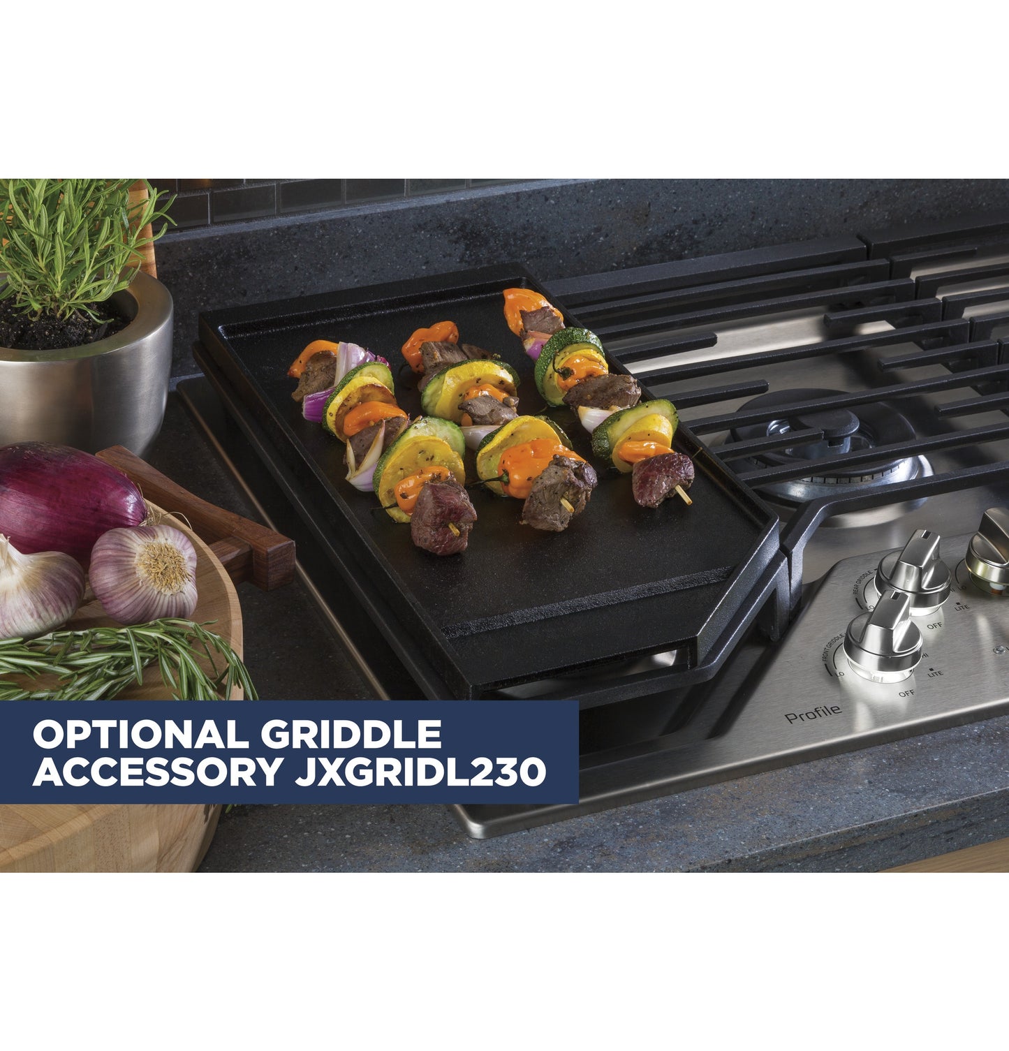 Optional griddle accessory cooking colorful vegetable and meat skewers on stainless steel gas cooktop in kitchen setting