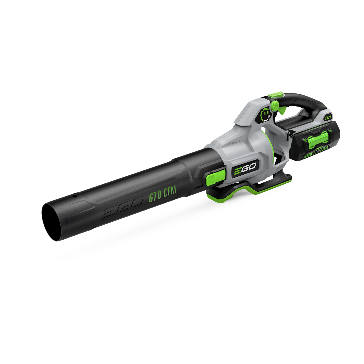 Cordless outdoor blower in gray and black with green accents, battery attached, designed for home and garden use
