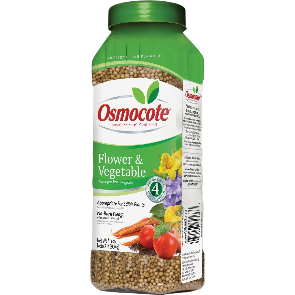 Plastic jar of Osmocote Smart Release plant food with granules for flowers and vegetables in lawn and garden care collections
