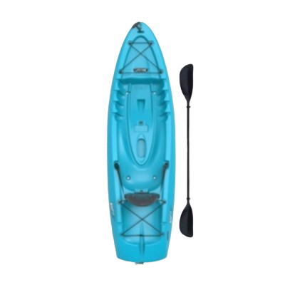Bright blue sit-on-top kayak with paddle included, designed for stable recreational use in outdoor games and toys collection