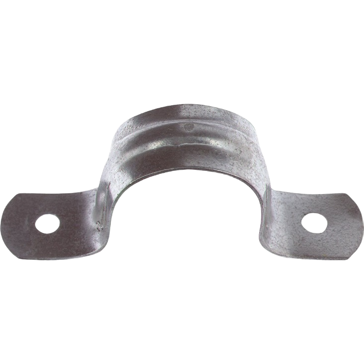 Galvanized metal conduit strap with two mounting holes for securing pipes or cables in home improvement projects