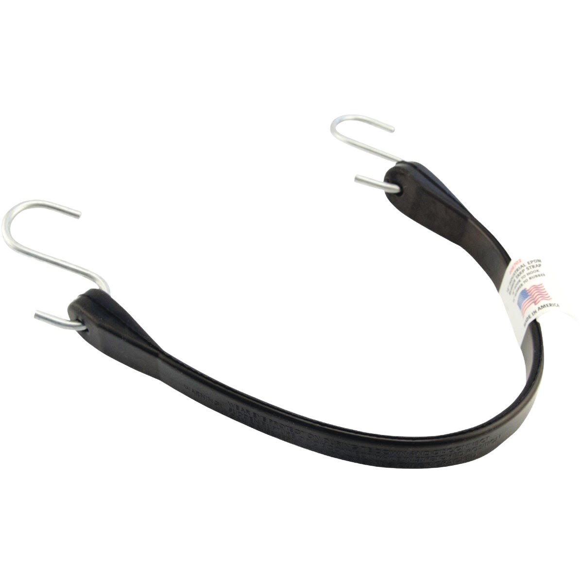 Black rubber tarp strap with metal hooks at both ends for securing covers and tarps in home improvement tasks