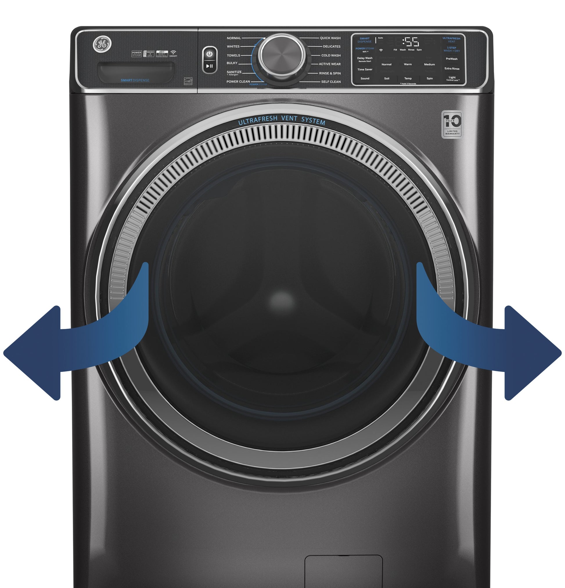 Dark gray smart front load washer with UltraFresh vent system and digital controls in washers and dryers collection