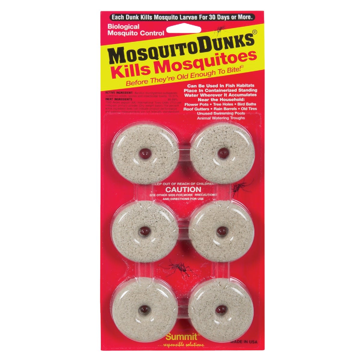 Pack of six mosquito-killing tablets for use in standing water, ideal for lawn and garden insect control under $50