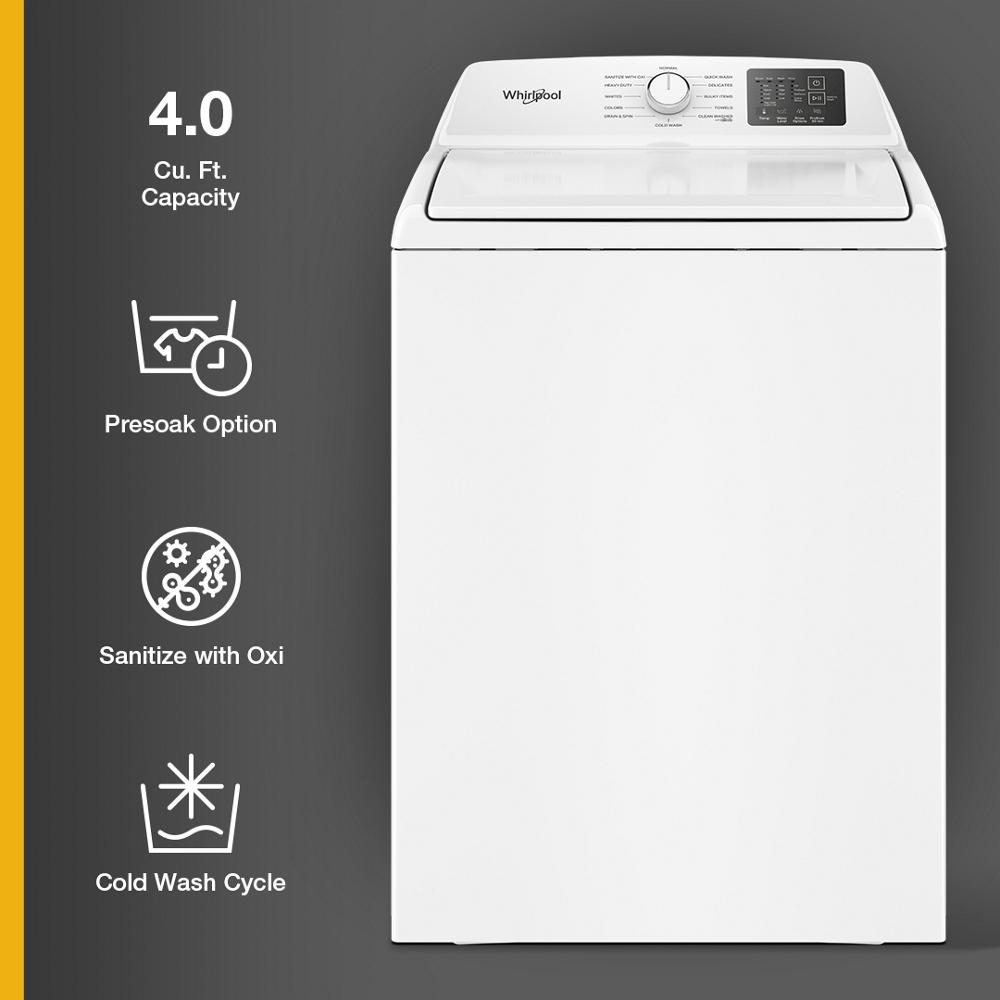 White top load washer with control dial and digital display highlighting presoak and sanitize cycles in washers collection