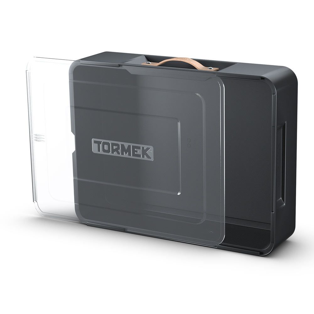 Compact gray storage case with clear sliding lid and leather handle for woodworking tool accessories under $100 collections