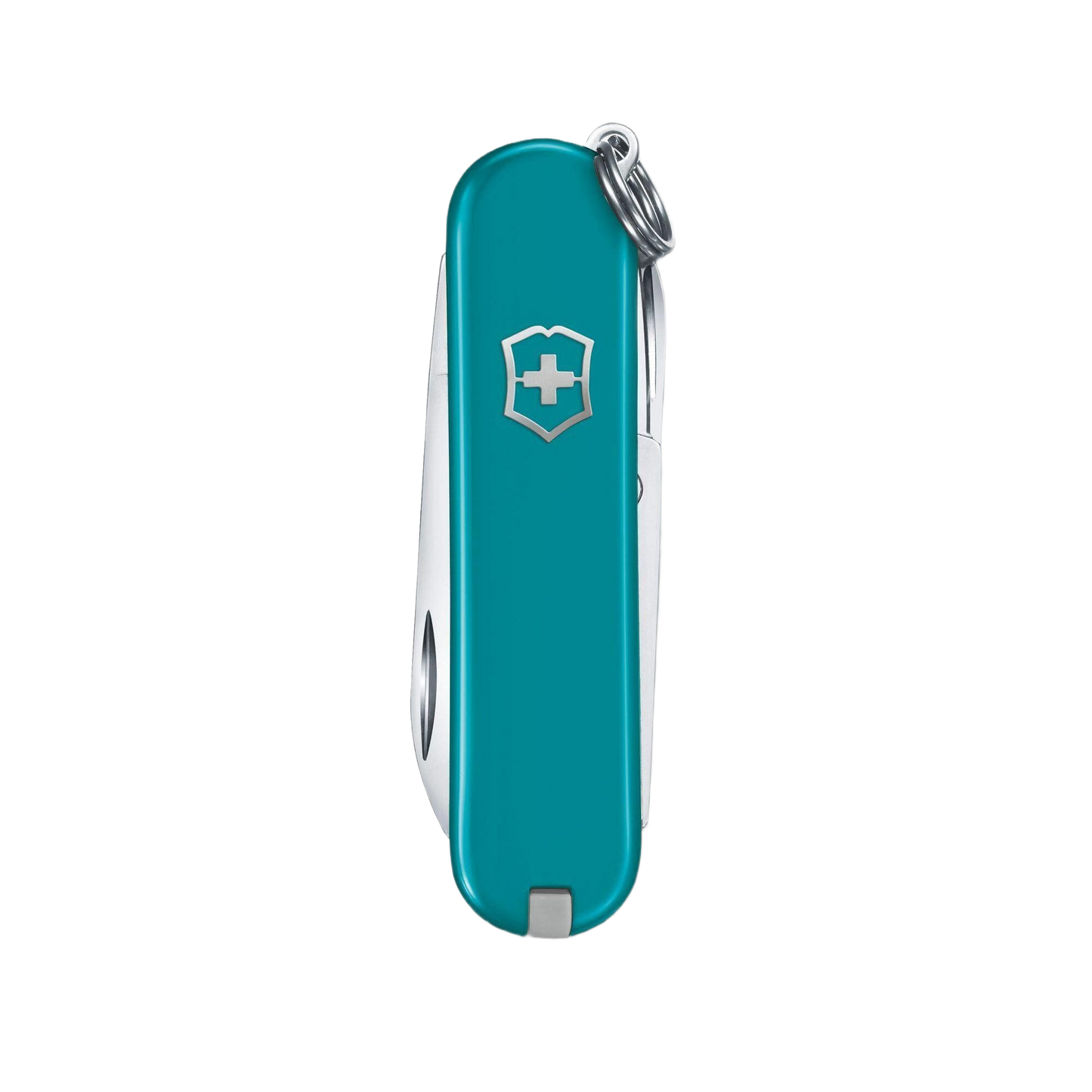 Slim teal Swiss multi-tool pocket knife with keyring, ideal for cutting, woodworking, and home improvement under $50 tools collection
