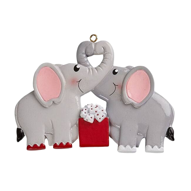 Gray elephant couple ornament with pink ears holding red gift box for Christmas tree decoration under $50 collection