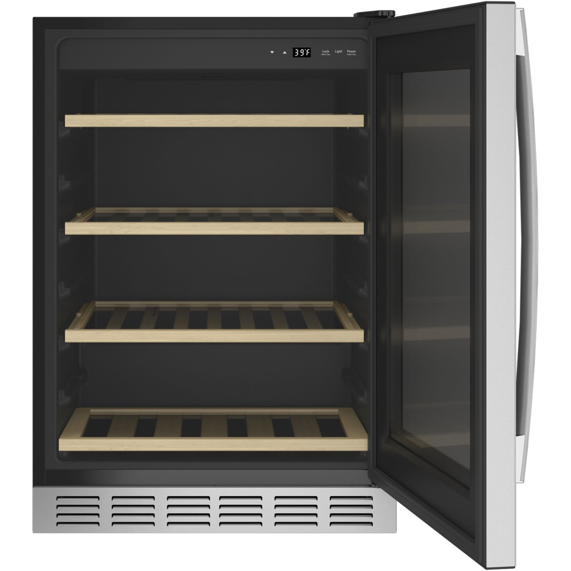 GE Profile beverage center with stainless steel trims, glass door, wooden shelves, and digital temperature control in Appliances collection