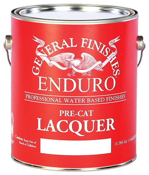 One-gallon can of General Finishes water-based pre-cat lacquer gloss for wood finishing in stains and sealers collection