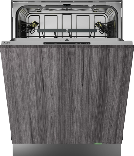 Built-in dishwasher with wood grain front panel and open stainless steel interior rack for kitchen appliances.