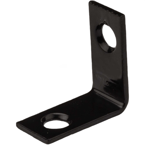 Black metal right-angle brace with countersunk holes for reinforcing corners in building hardware and lumber materials collections