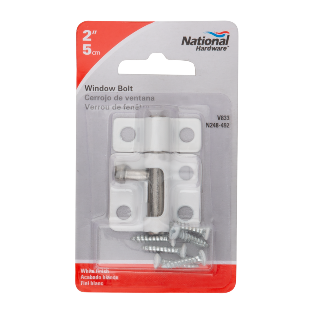 2-inch white cellar window bolt with mounting screws, cold rolled steel for door and gate hardware projects