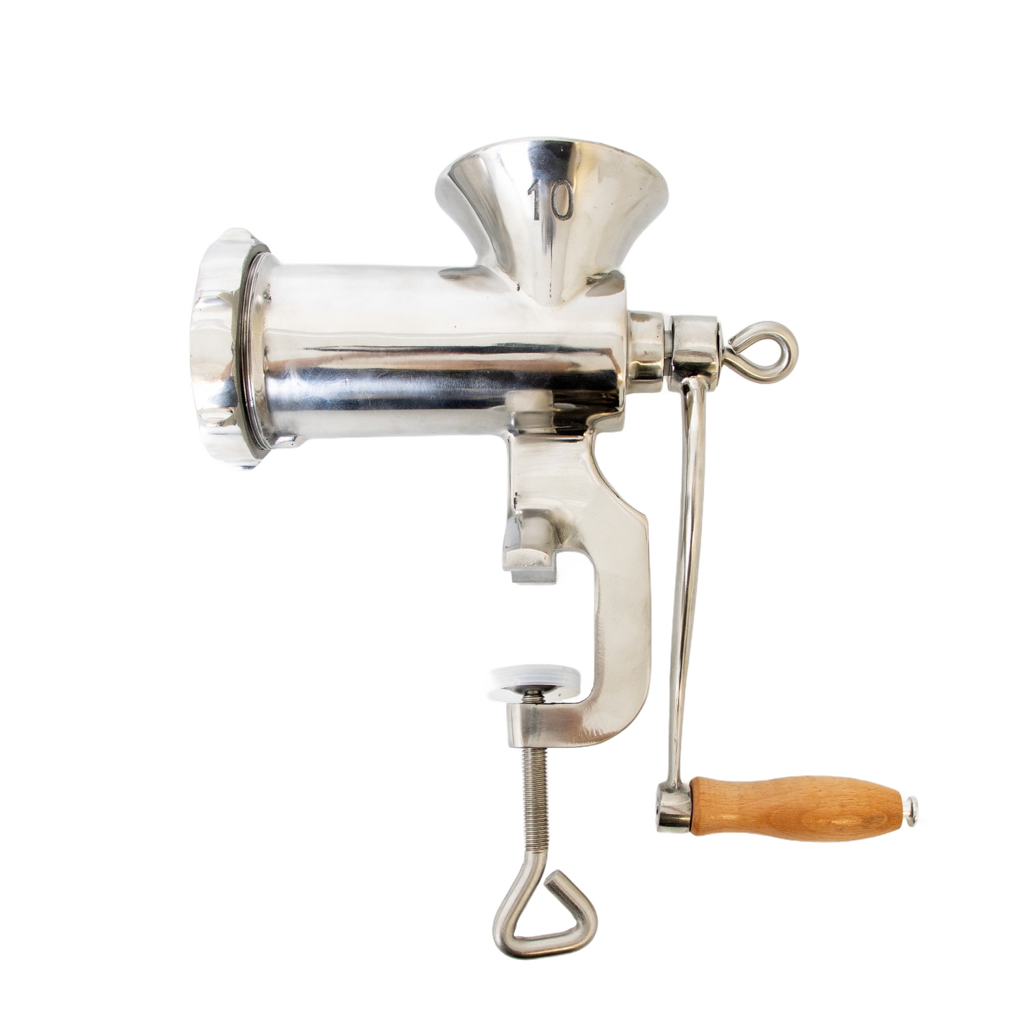Silver clamp-down manual meat grinder with wooden handle for kitchen gadgets and small kitchen appliances under $100 collection