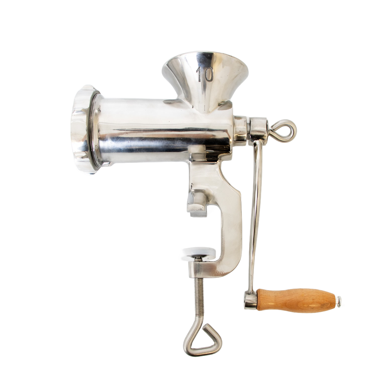 Silver clamp-down manual meat grinder with wooden handle for kitchen gadgets and small kitchen appliances under $100 collection