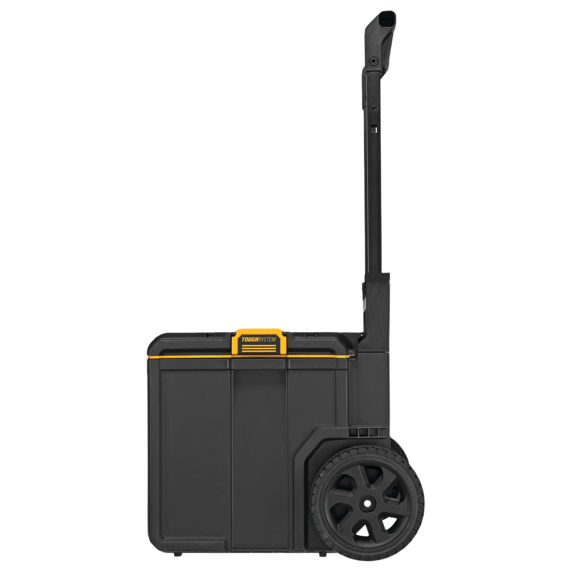 Black and yellow rolling toolbox with extendable handle and rugged wheels for jobsite tool storage and organization