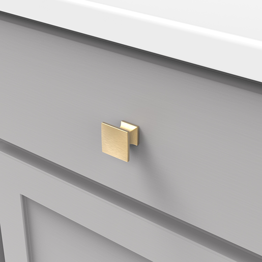 Brushed golden brass square cabinet knob with sleek modern design for furniture hardware and home improvement at Hartville Hardware