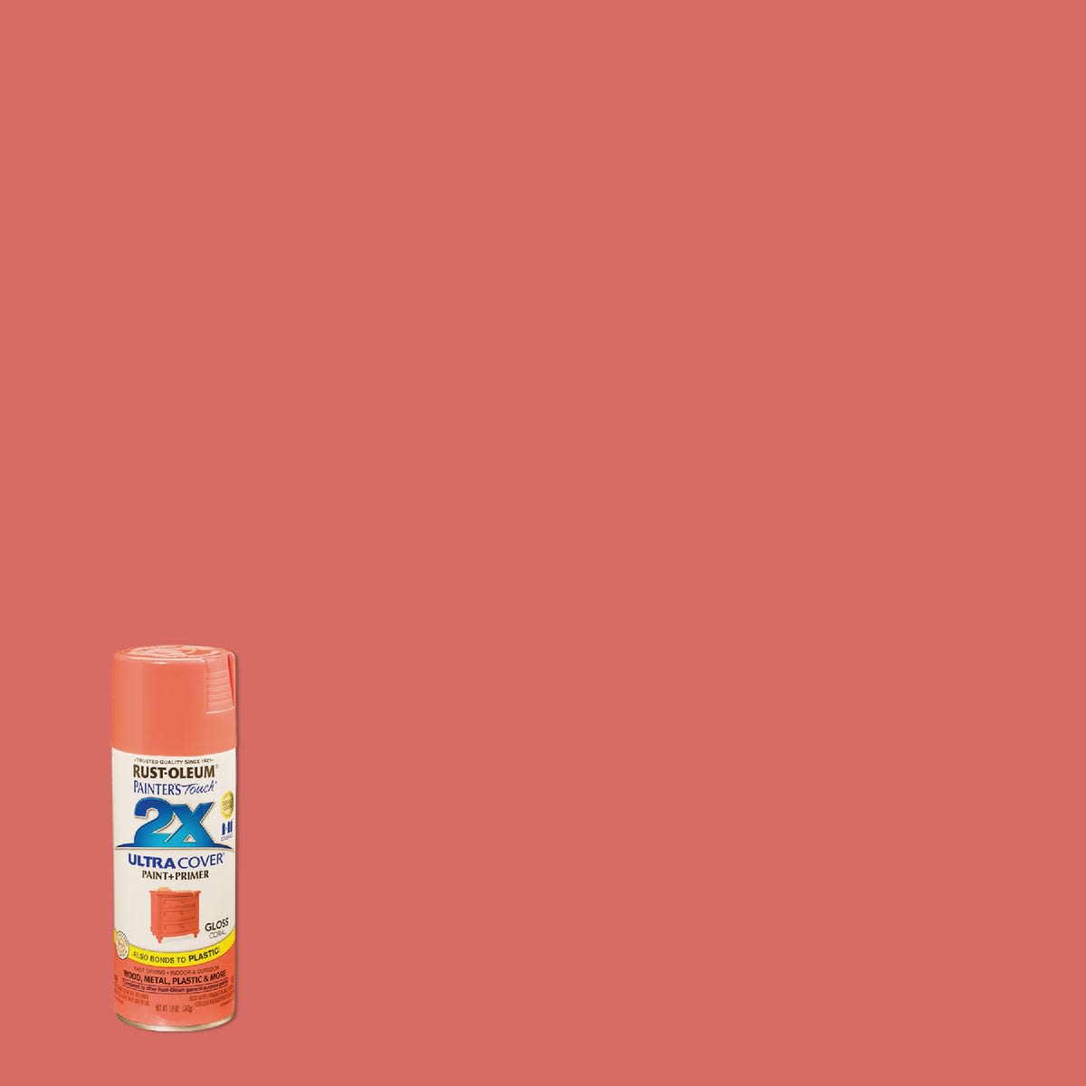 Coral gloss spray paint and primer can for multipurpose use in home improvement and paint supplies collections
