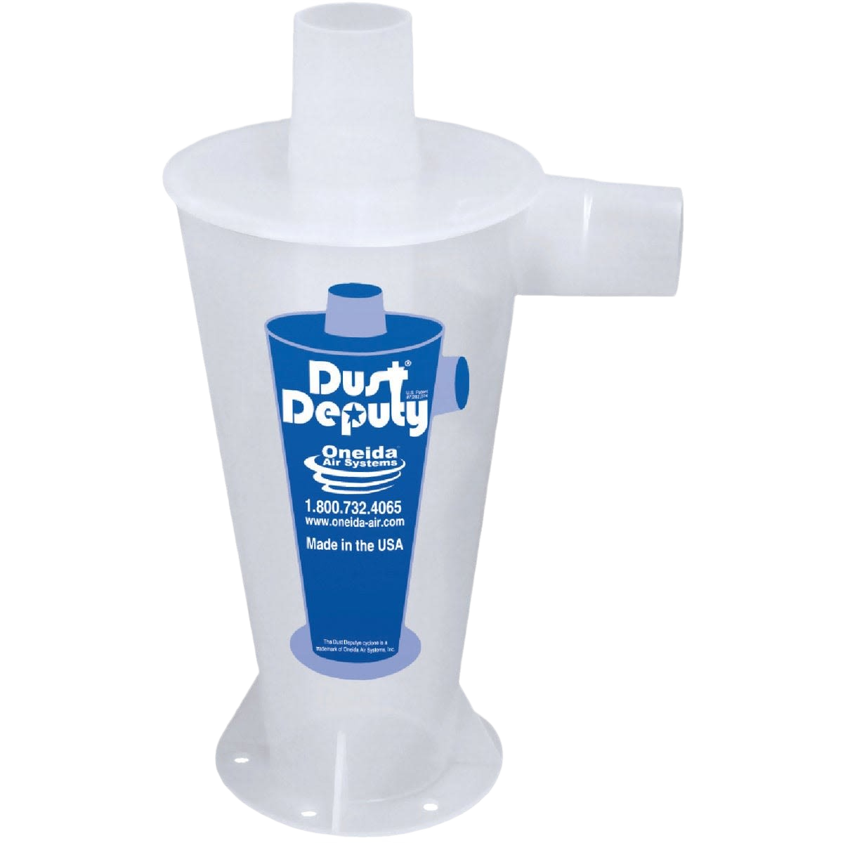 Clear plastic cyclone separator with blue label for dust collection in woodworking tools and air filtration systems