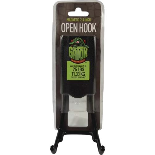 Black open magnetic hook with 25 lb. capacity for tool and equipment storage in hardware and organization collections