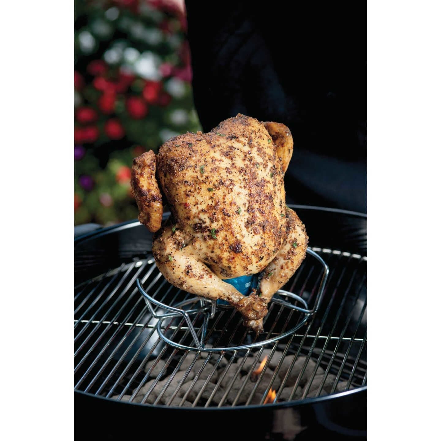 Steel poultry roaster rack holding seasoned whole chicken upright on charcoal grill in outdoor living and grill accessories collections