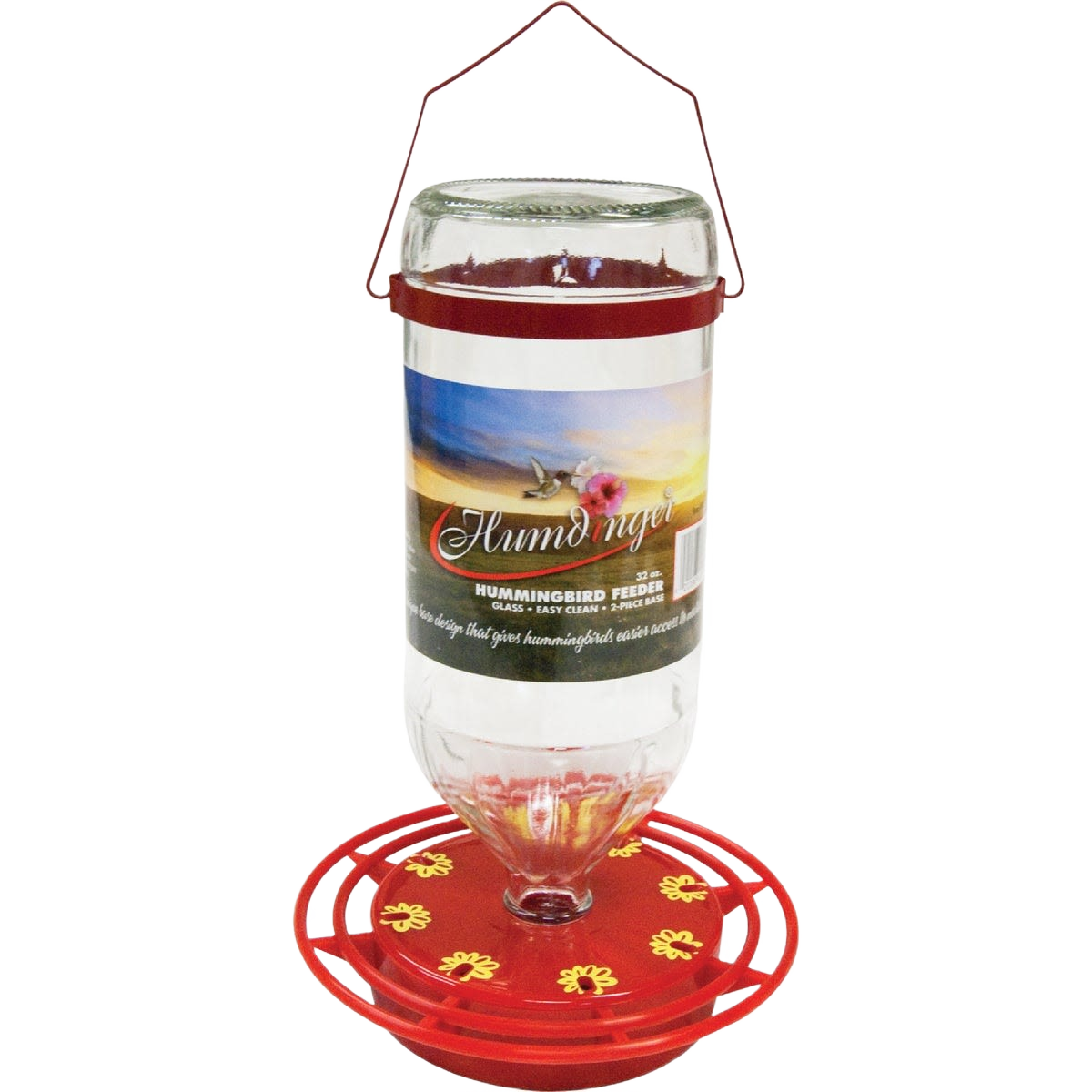 Glass hummingbird feeder with red base and yellow floral feeding ports for outdoor home improvement projects