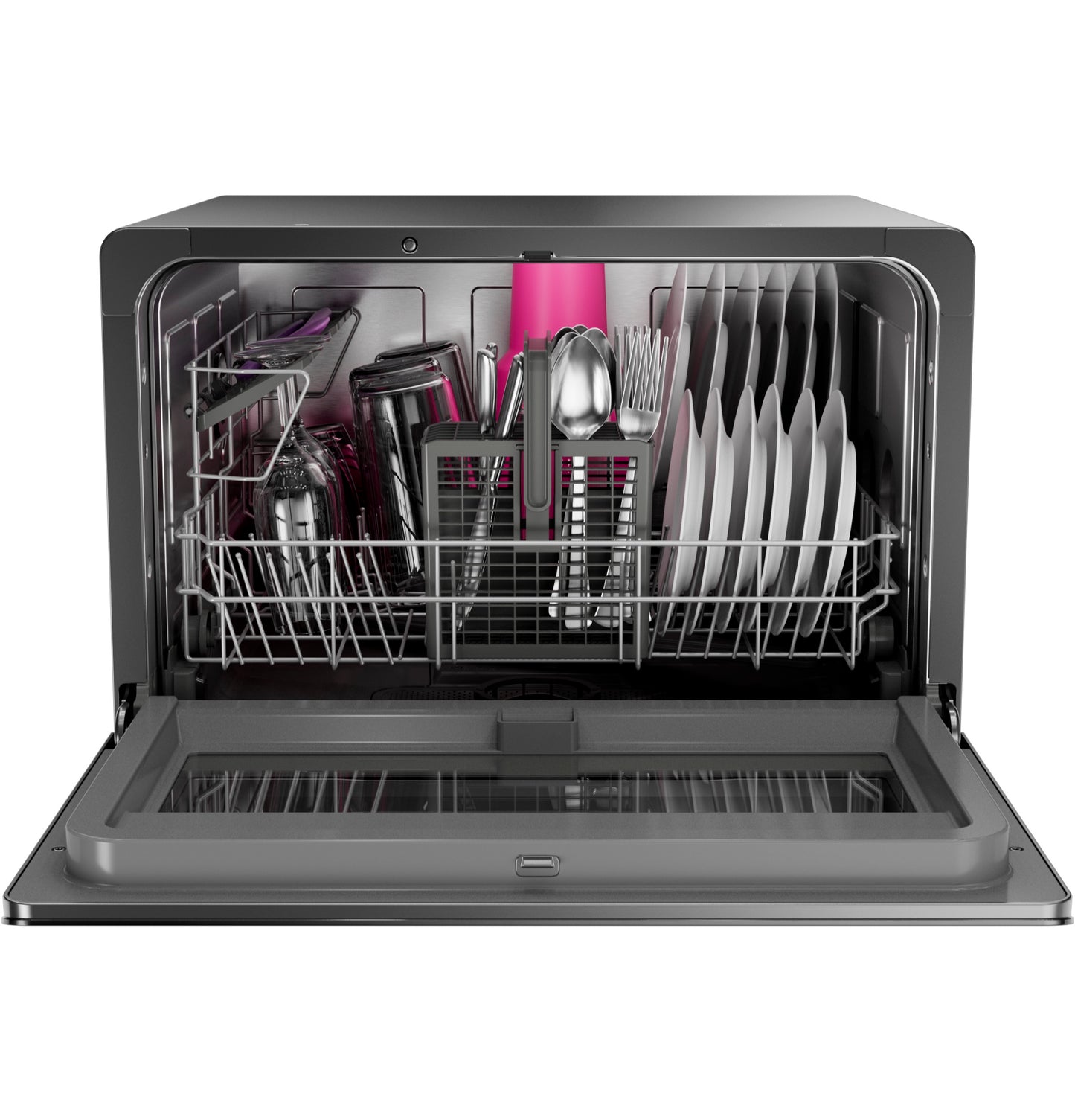Open black smart compact dishwasher loaded with dishes, utensils, and glasses in kitchen appliance setting