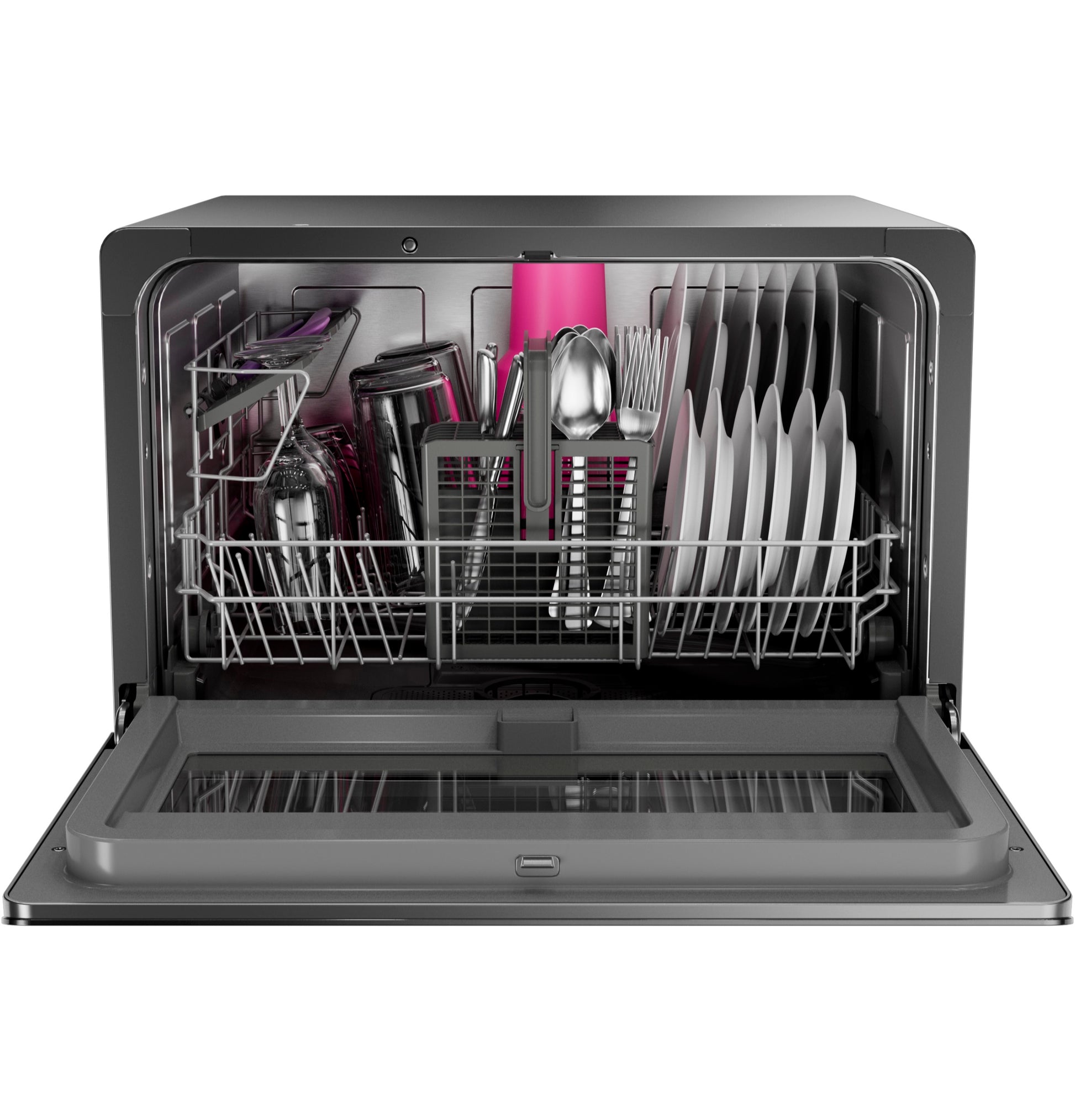 Open black smart compact dishwasher loaded with dishes, utensils, and glasses in kitchen appliance setting