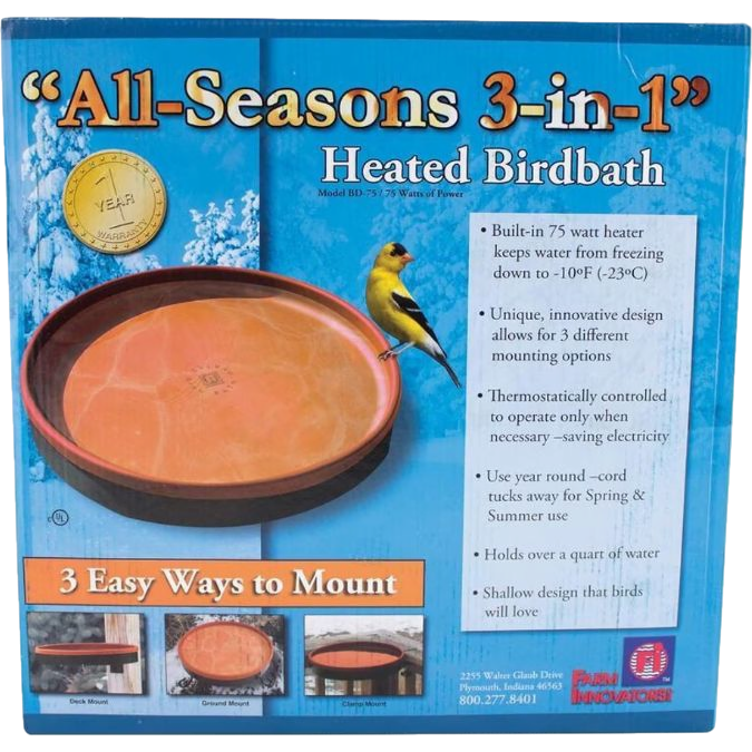 Packaging of a heated birdbath with mounting options and features for bird care in wildlife supplies and pet collections