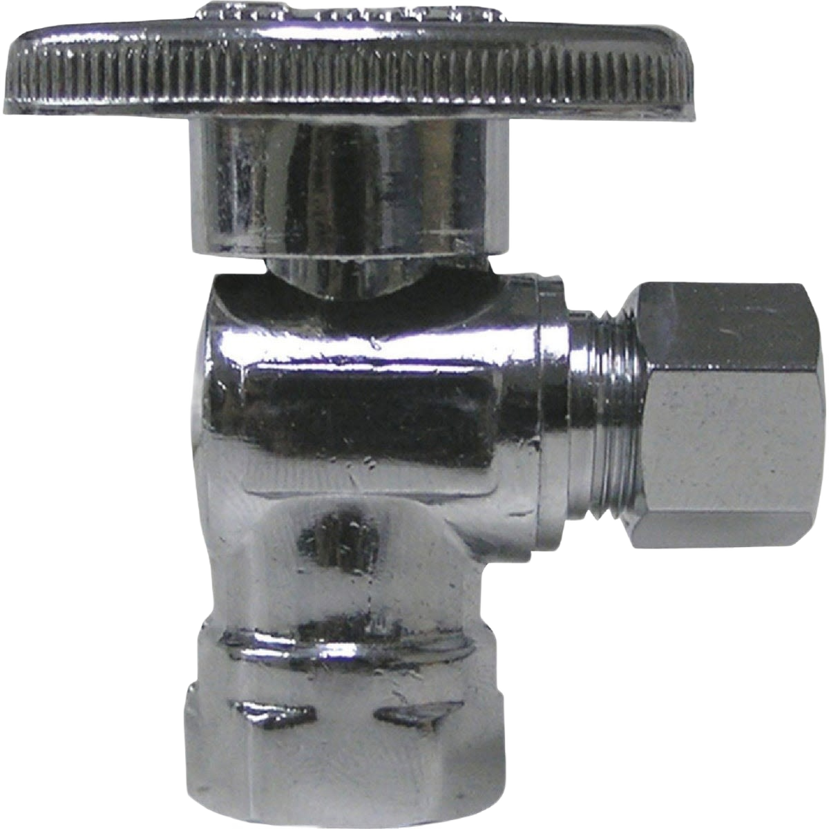 Shiny chrome quarter turn angle valve with threaded connections for plumbing and home improvement projects