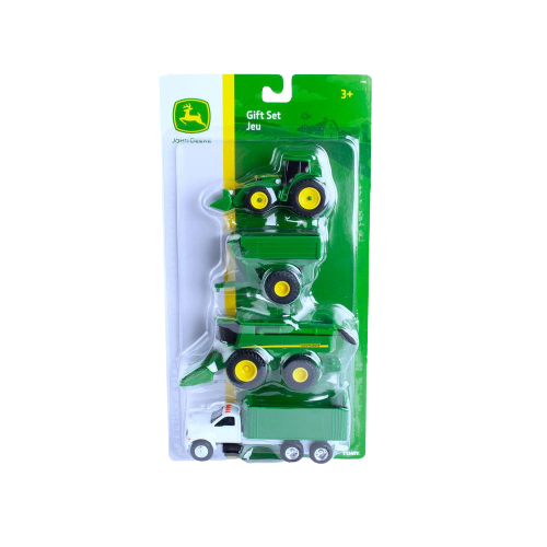 Green and yellow toy tractor, combine, grain wagon, and white truck set in packaging for Vehicles & Remote Controlled Toys collection