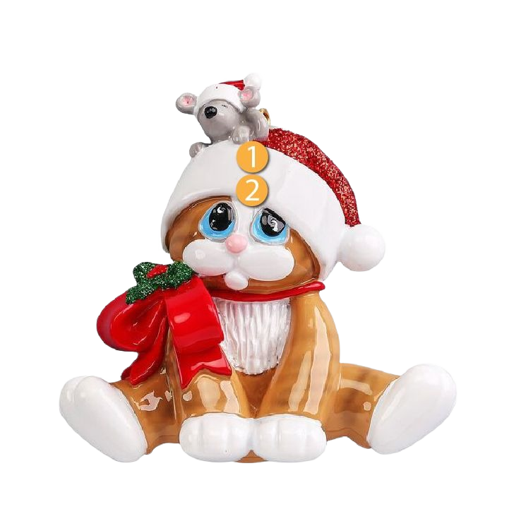 Orange tiger-striped kitty ornament wearing Santa hat with mouse on top and red bow, festive Christmas decoration under 50