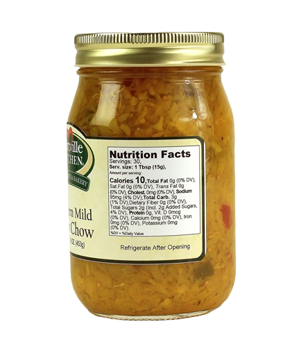Glass jar filled with southern mild chow chow relish featuring a gold metal lid in preserved goods collection