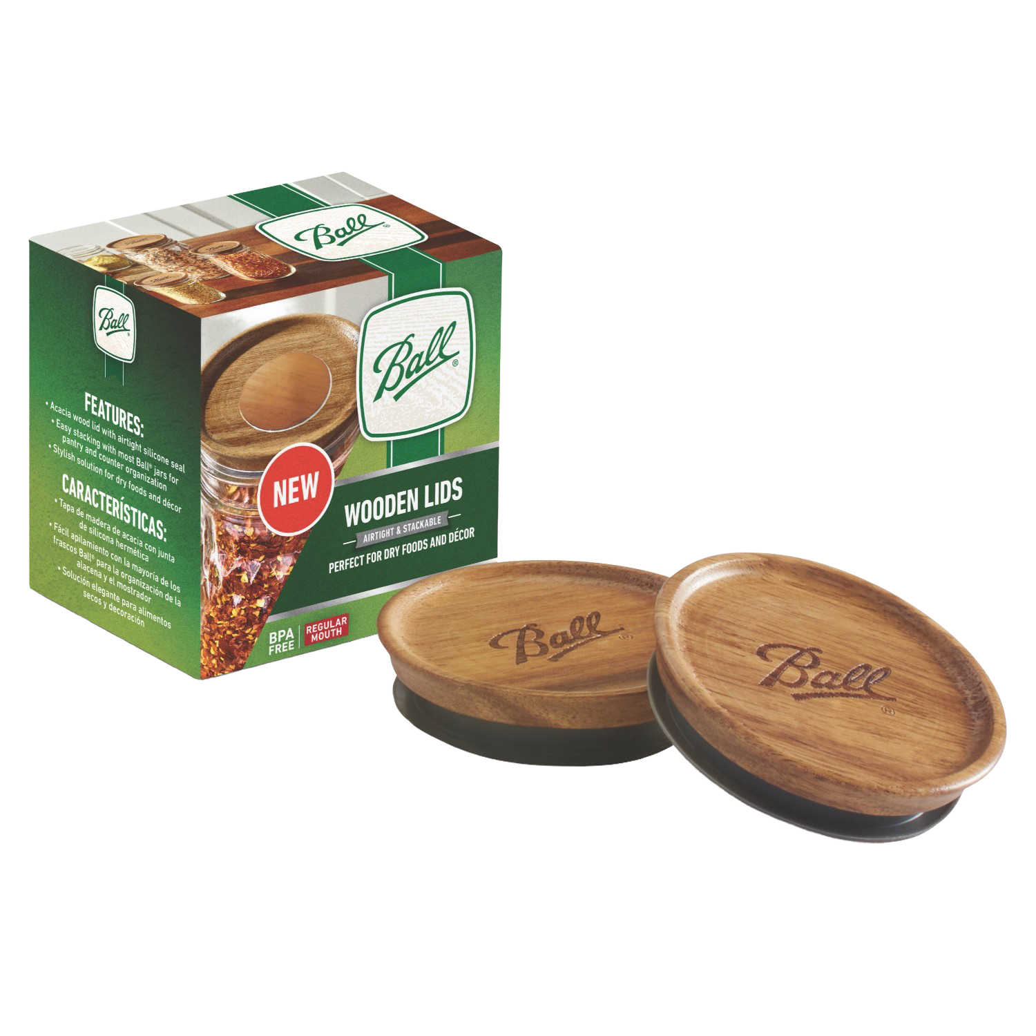 Two round wooden lids engraved with logo shown alongside green branded packaging for kitchenware collections under $50