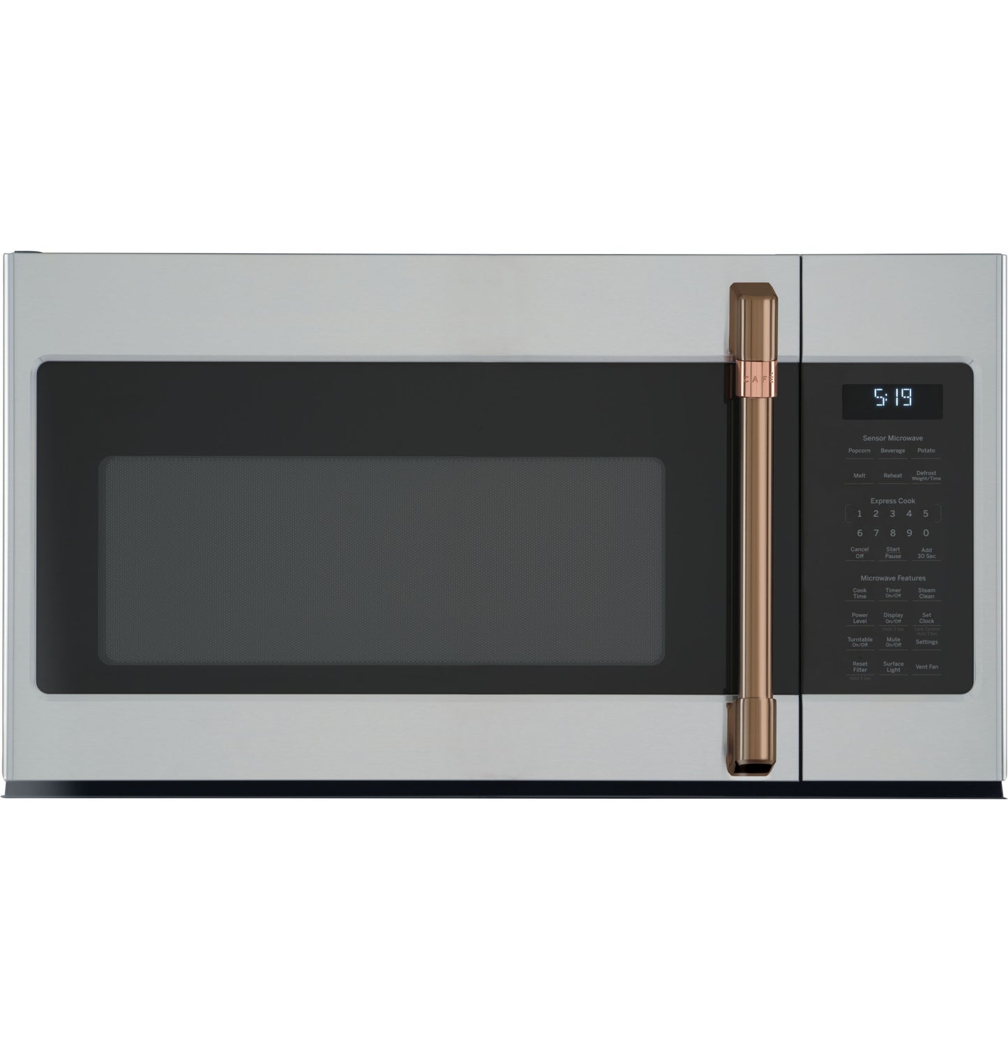 Stainless steel over-the-range microwave with black window and bronze handle from kitchen appliances collection