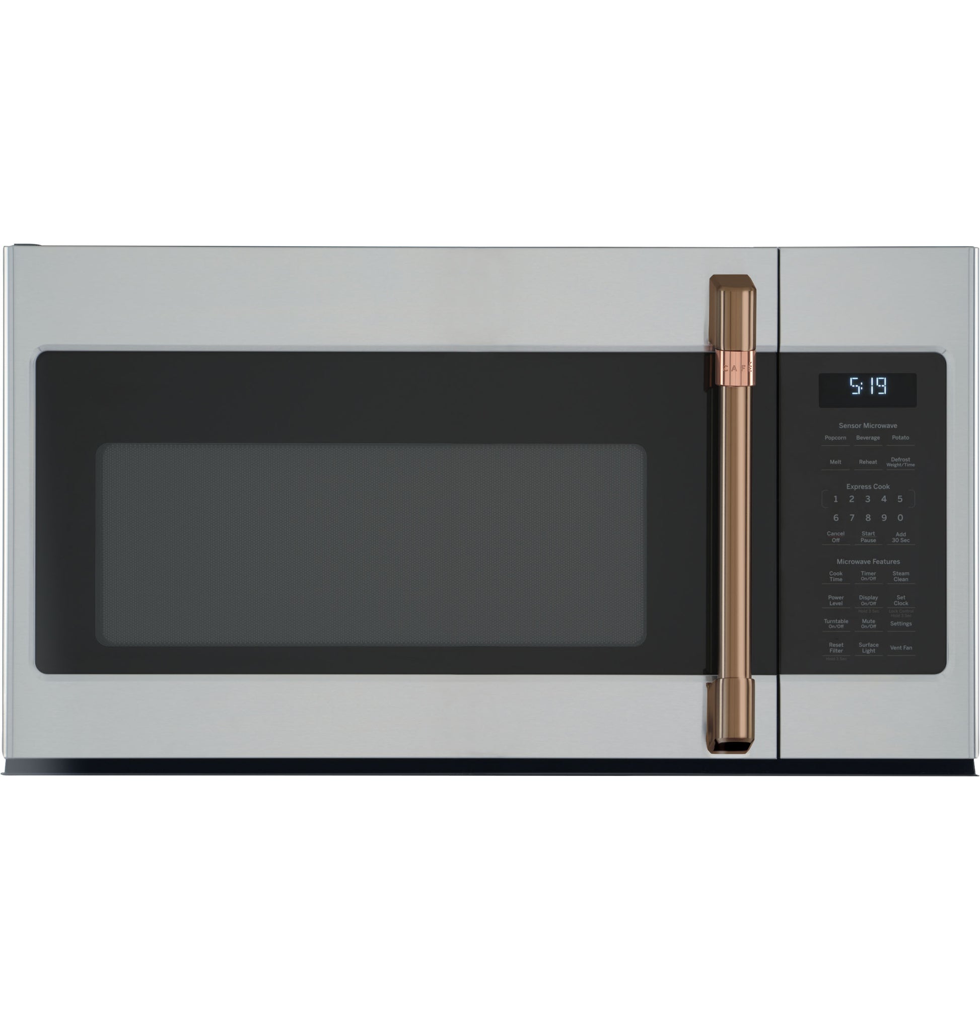 Stainless steel over-the-range microwave with black window and bronze handle from kitchen appliances collection
