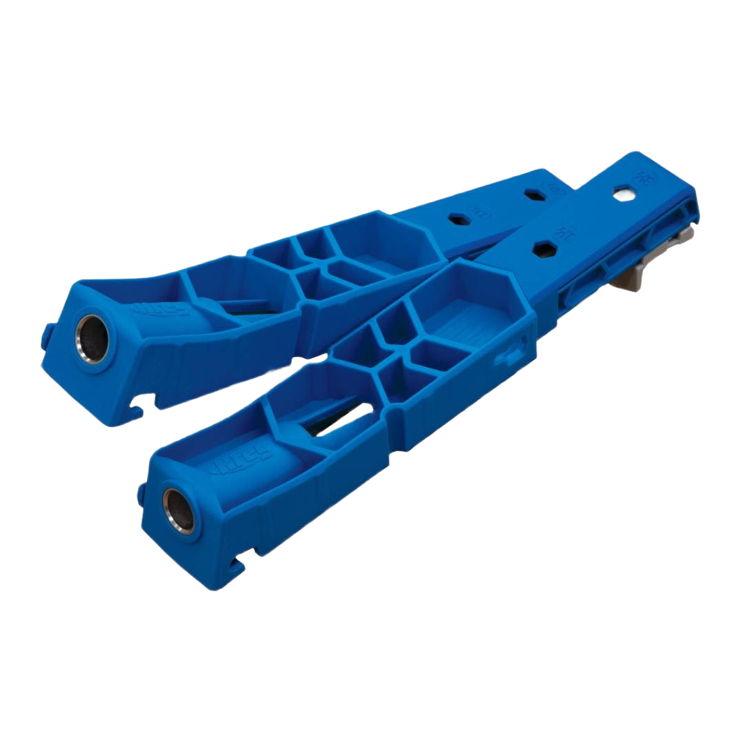 Blue plastic woodworking jig with reinforced structure and metal drill guides for heavy-duty home improvement projects