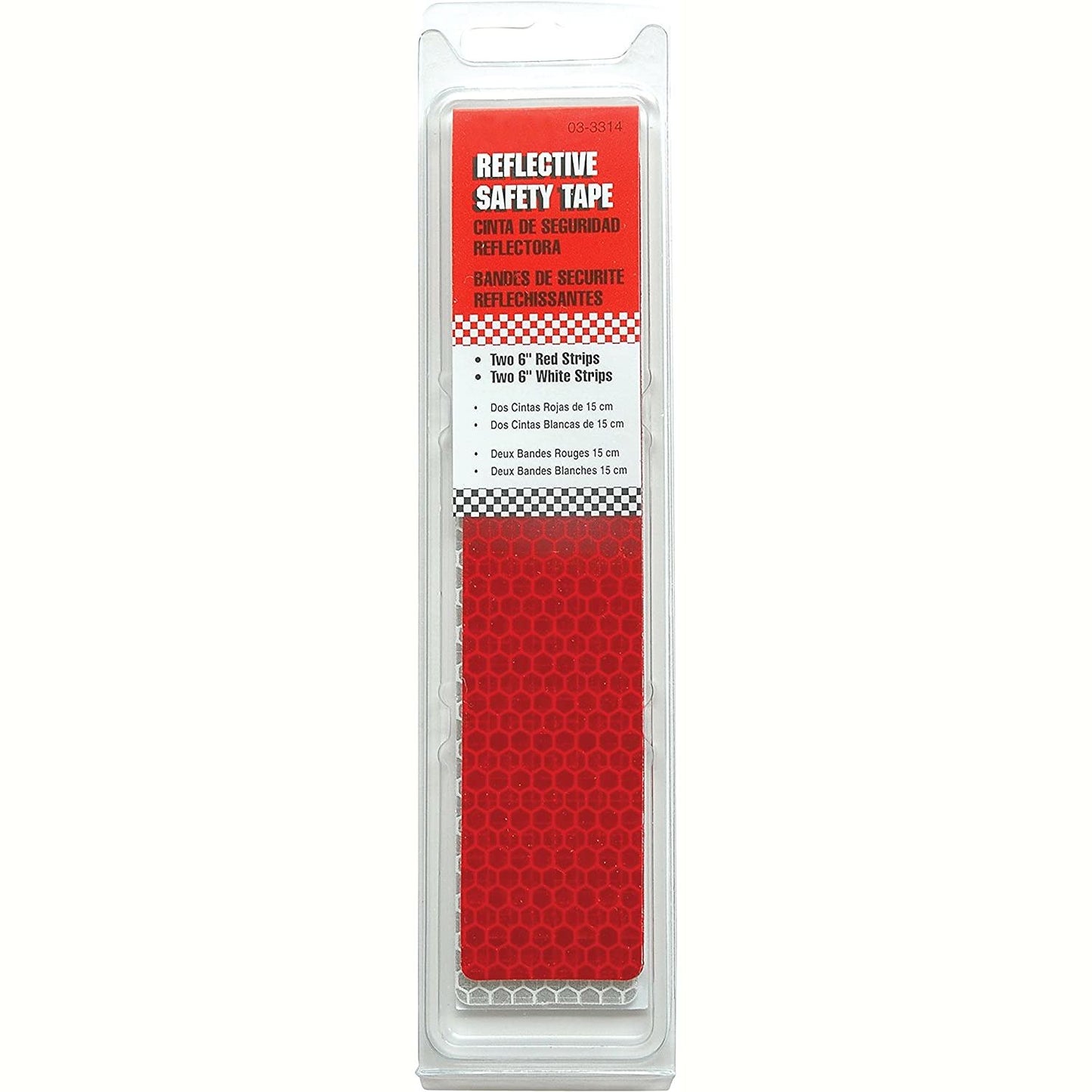Red and white reflective safety tape strips in clear packaging for visibility enhancement in home improvement projects