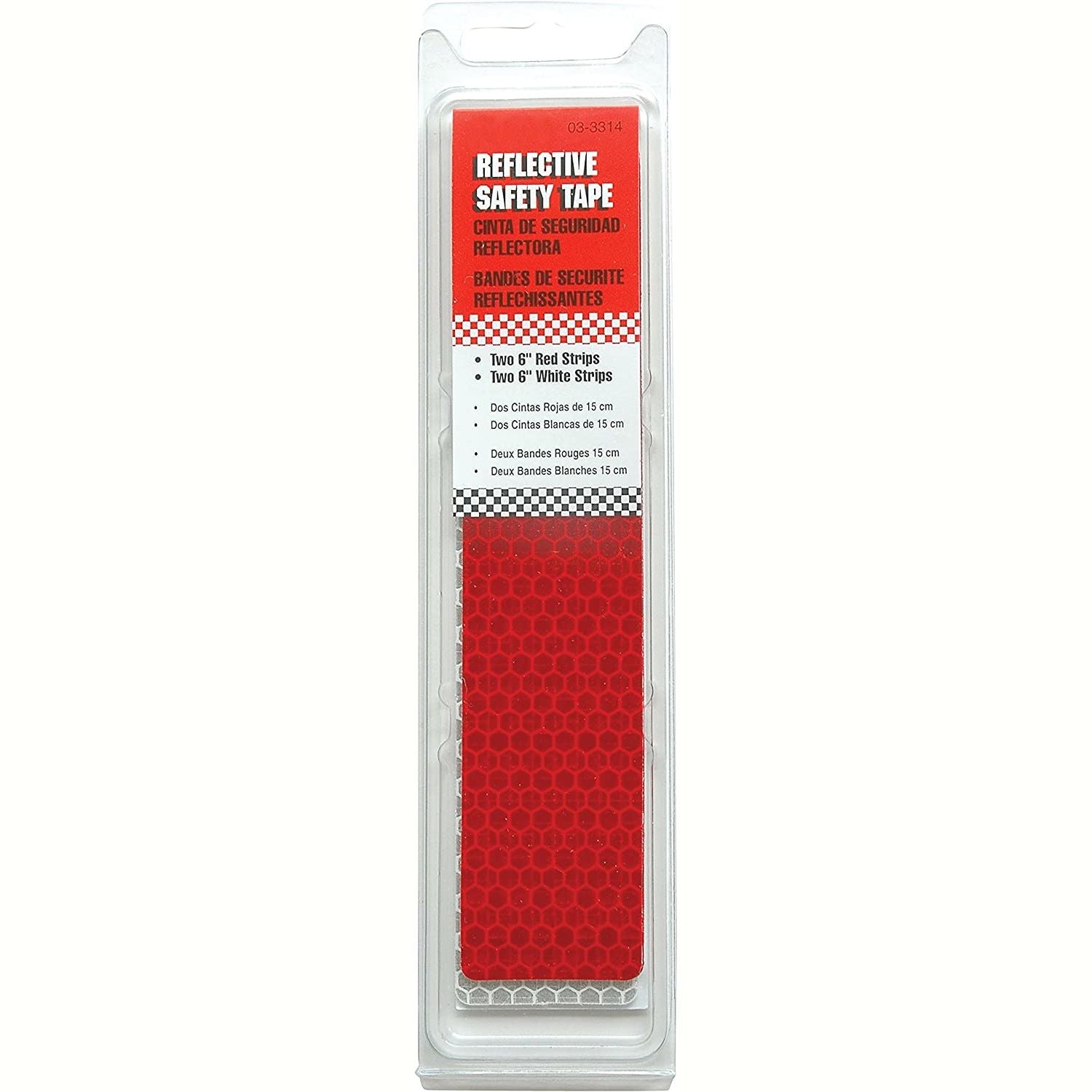Red and white reflective safety tape strips in clear packaging for visibility enhancement in home improvement projects