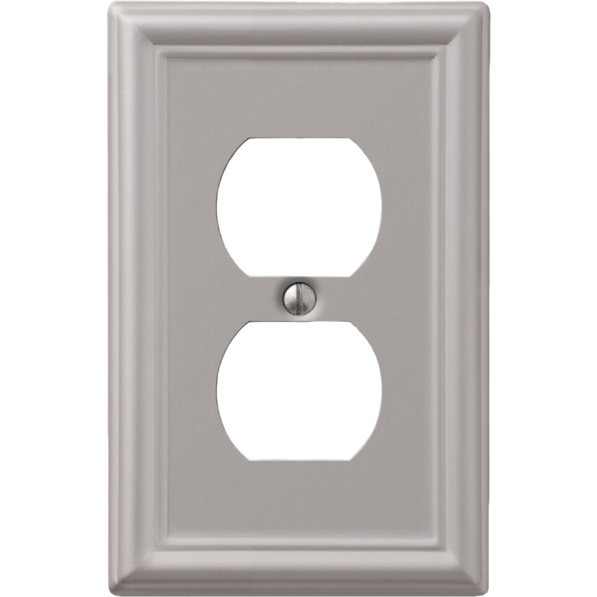 Brushed nickel stamped steel wall plate with decorative edges for a single duplex electrical outlet installation