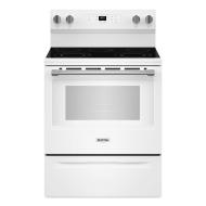 White 30-inch electric range with edge-to-edge ceramic glass cooktop and digital control panel in modern kitchen setting