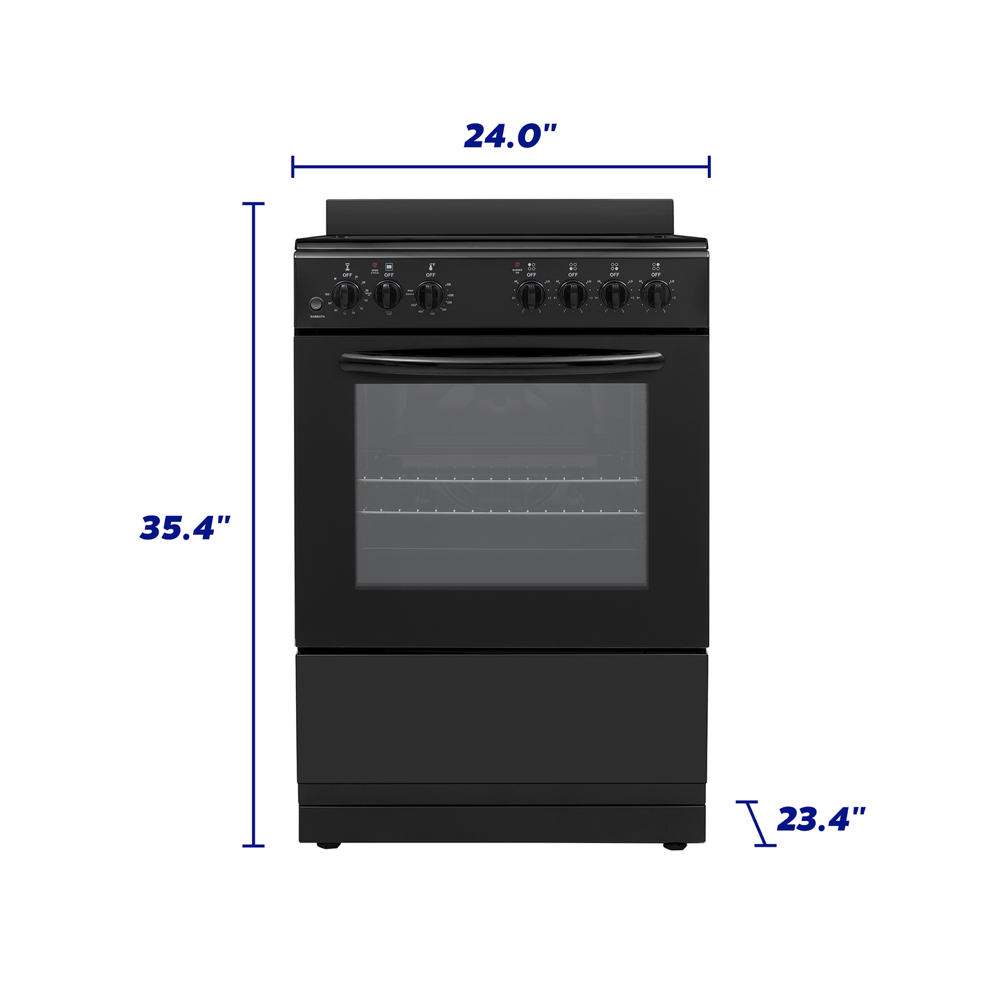 Compact black electric range with front control knobs, oven window, and specified dimensions for kitchen and home improvement.