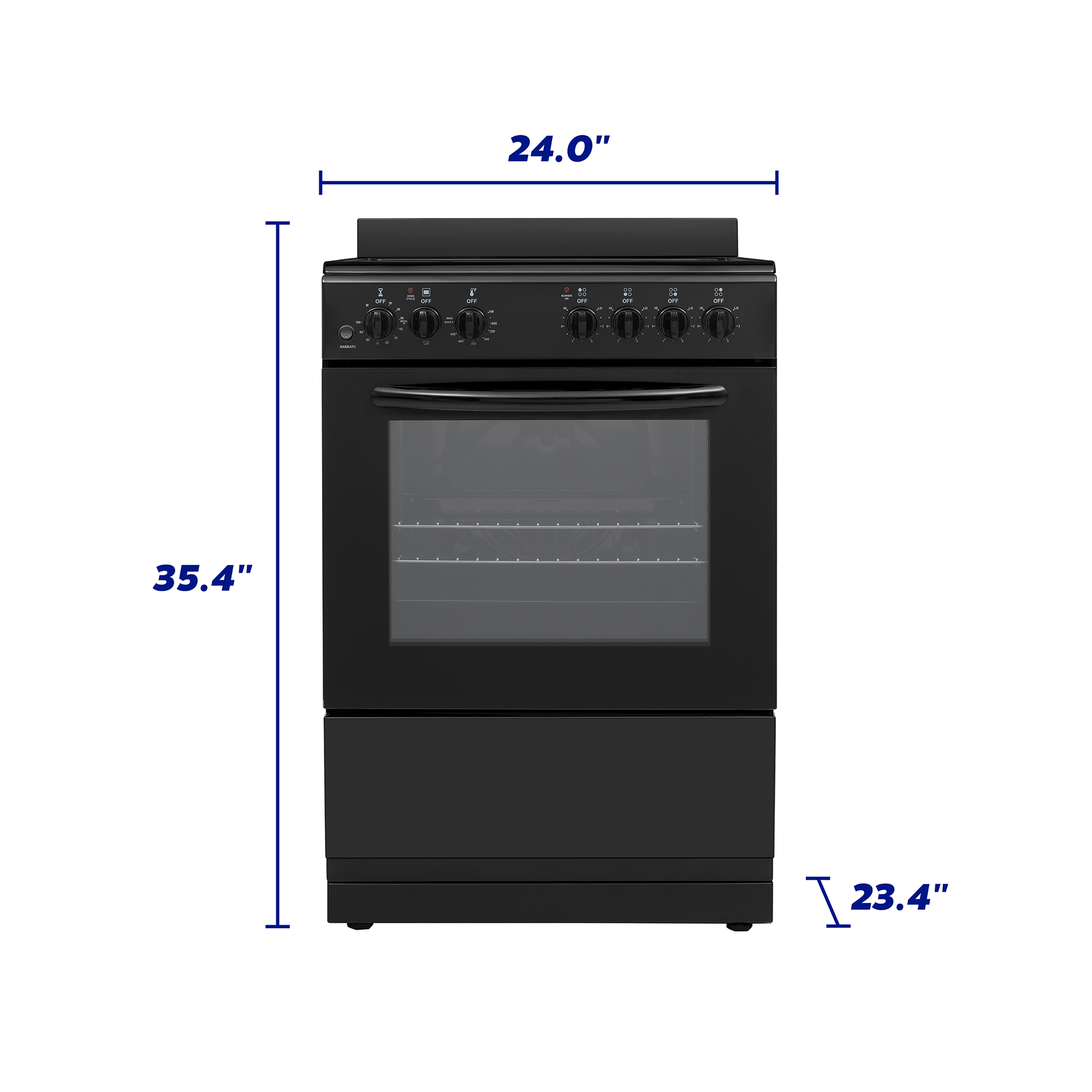 Compact black electric range with front control knobs, oven window, and specified dimensions for kitchen and home improvement.
