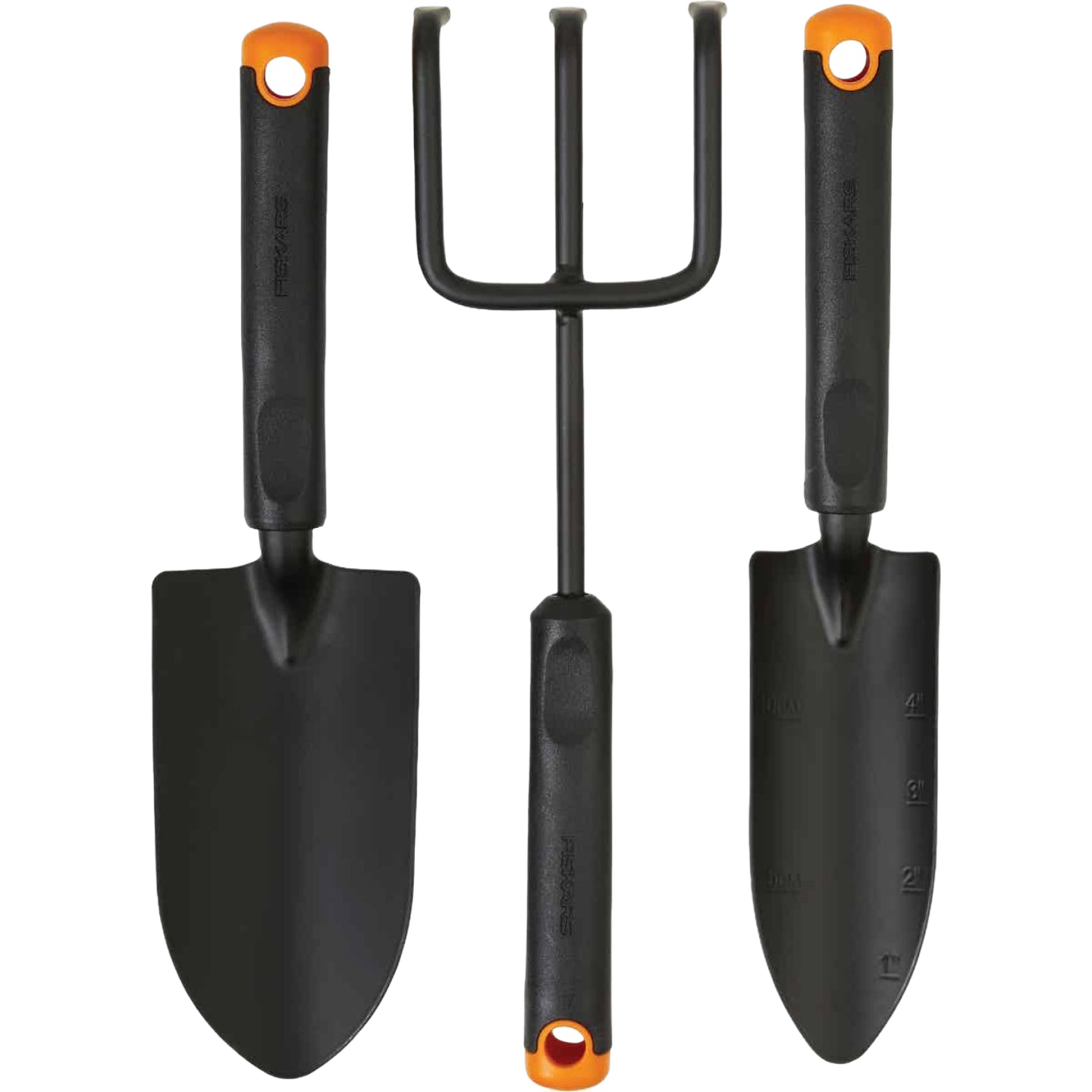 Three-piece Fiskars steel gardening hand tool set with trowel, cultivator, and transplanter for soil preparation and planting